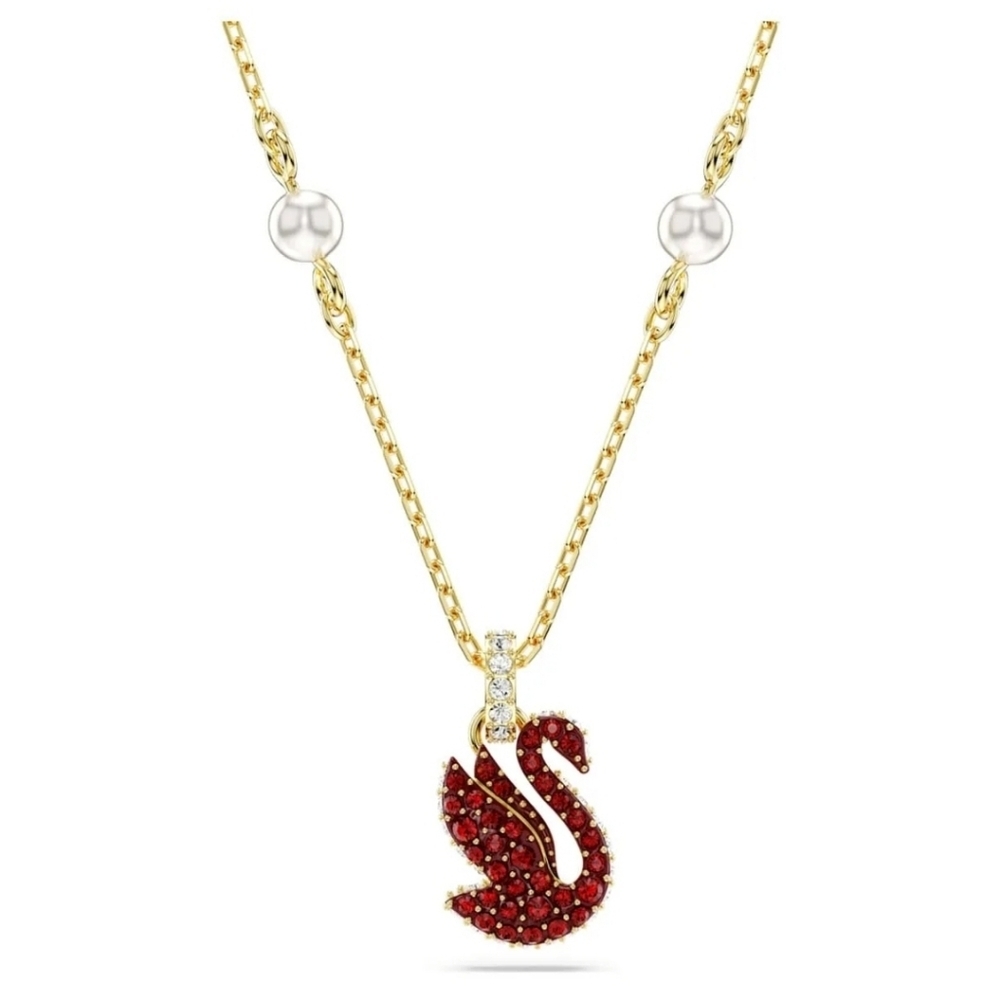 Swarovski Crystal Pearl, Red Swan Gold-Tone Plated Necklace